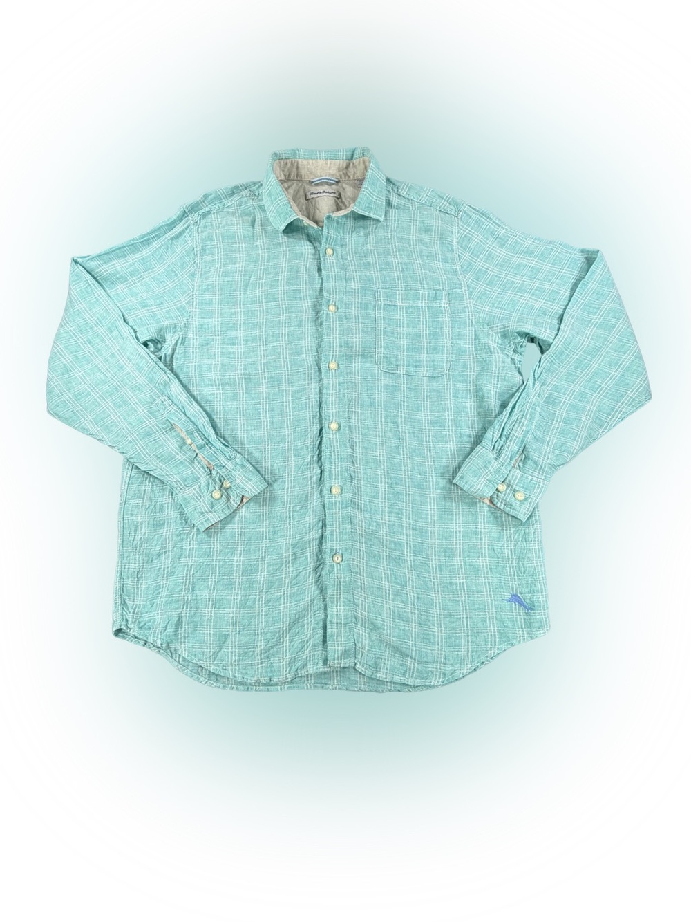 Men’s Tommy Bahama Mint Green Plaid Linen Button-Down Shirt Size XLT
